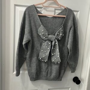 Grey pearl bow detail sweater